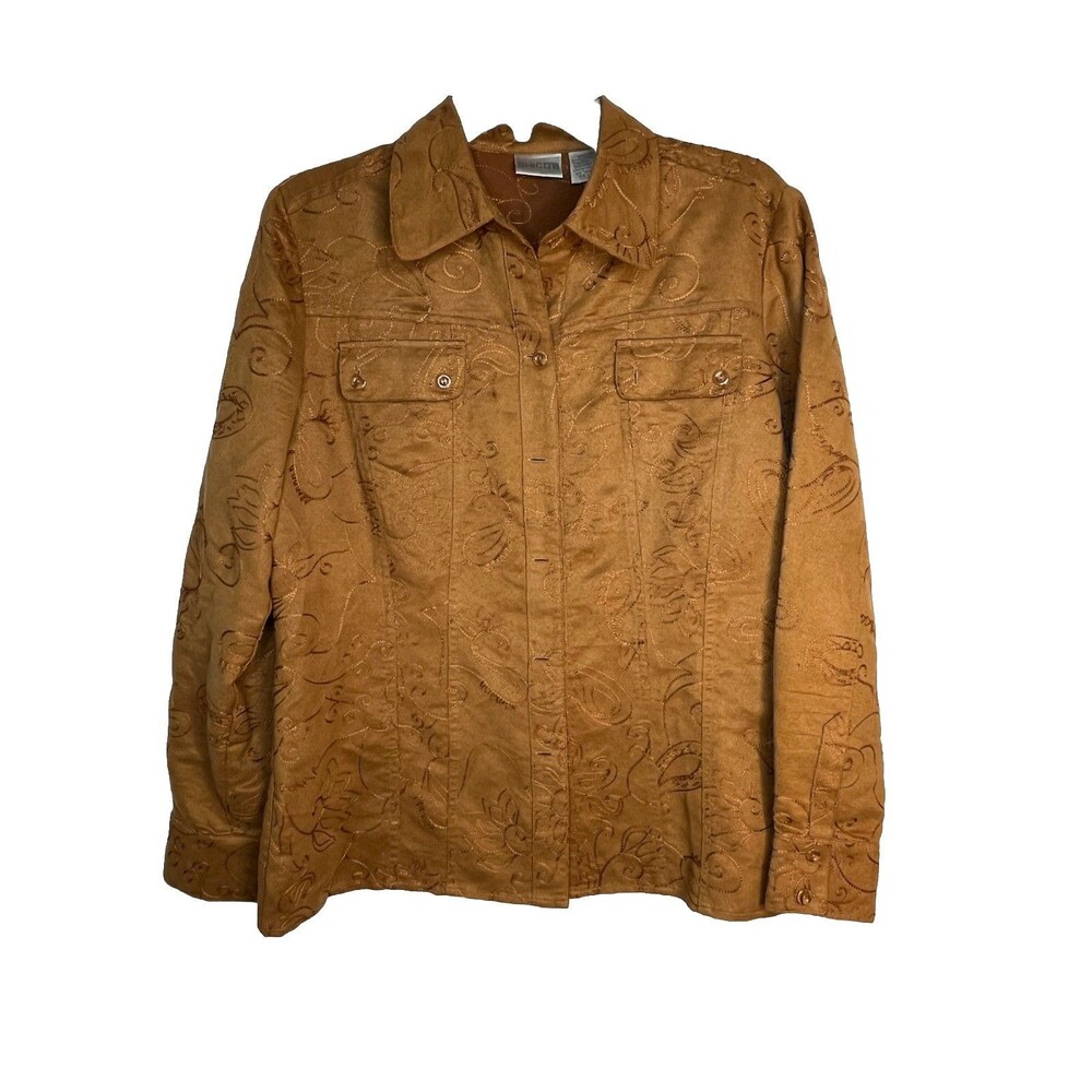 Chicos Embroidered Camel Tan Button Up Long Sleeve 1 Top M 6 8